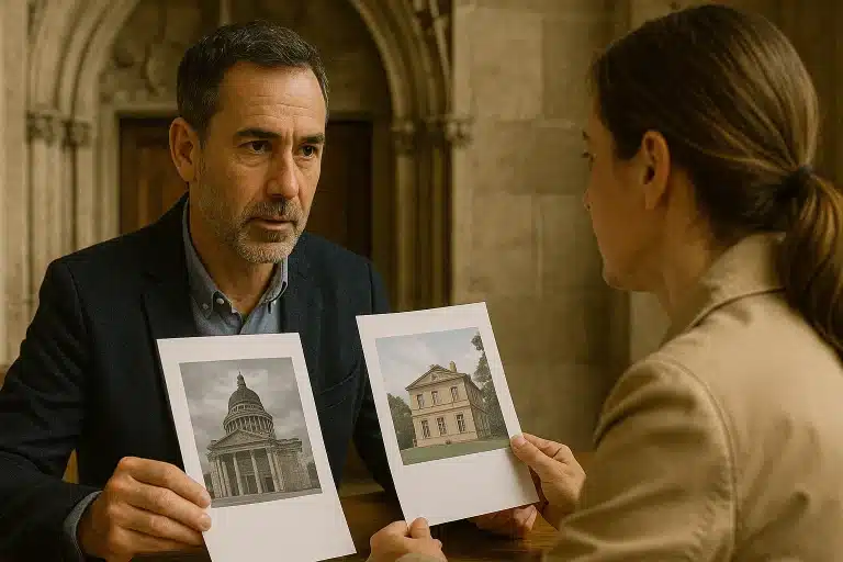Une femme échangeant avec un homme sur la différence entre un monument classé et un monument inscrit