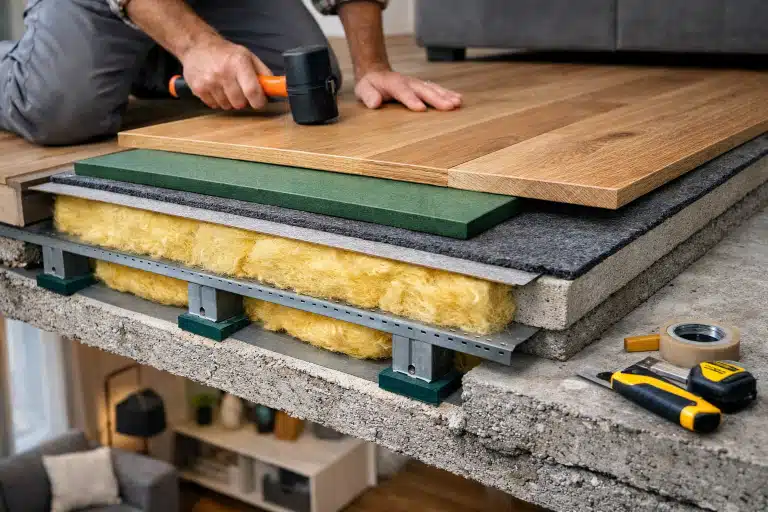 Isolation phonique pour réduire les bruits d'impact entre étages avec sous-couche acoustique