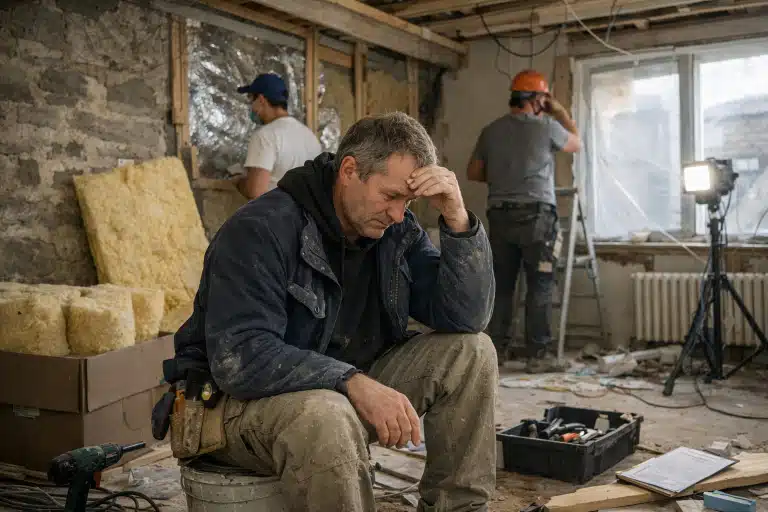 Ouvrier assis la tête dans la main, chantier intérieur