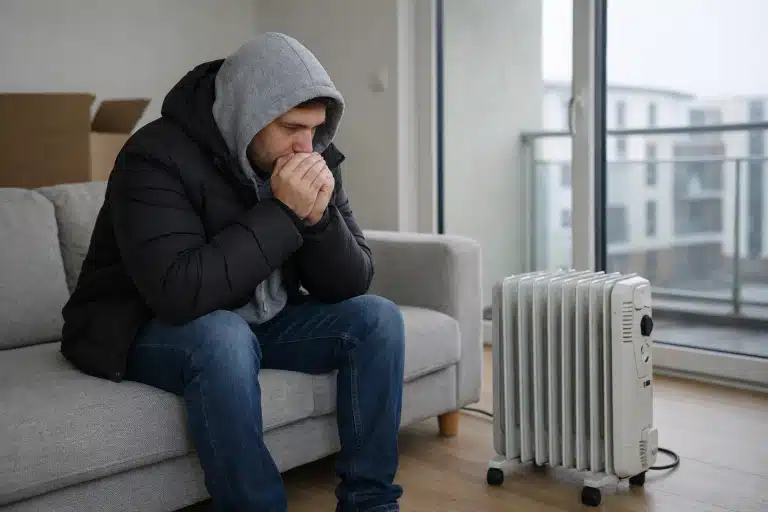 Homme assis sur un canapé, se réchauffant près d'un radiateur.