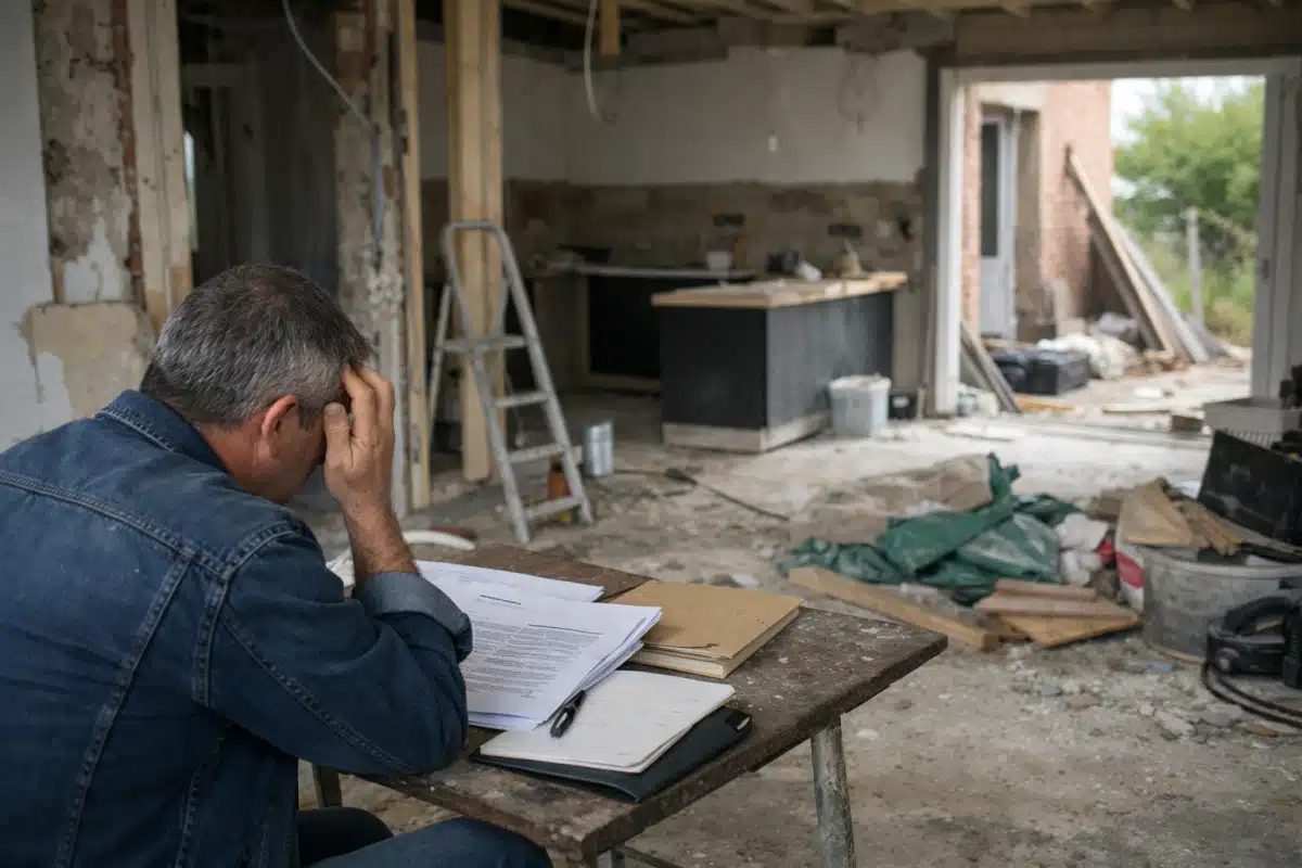 Personne assise, tête dans les mains, plans et chantier