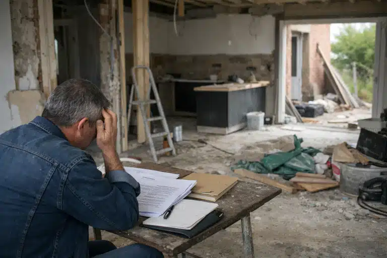 Personne assise, tête dans les mains, plans et chantier