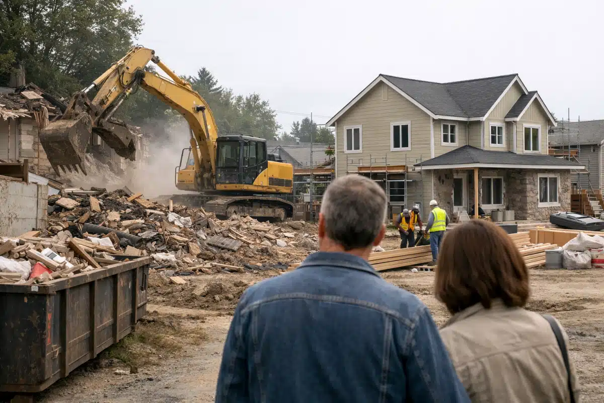 Couple regardant la démolition d'une maison par excavatrice