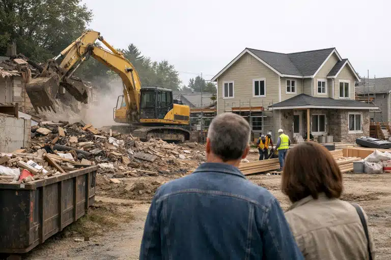 Couple regardant la démolition d'une maison par excavatrice