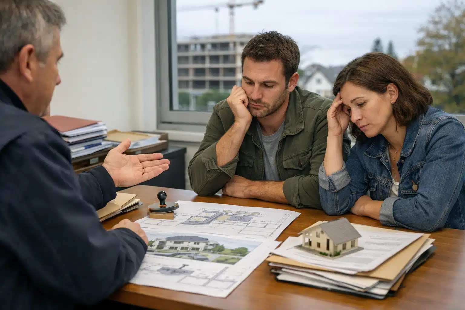 Couple examinant des plans et une maquette de maison