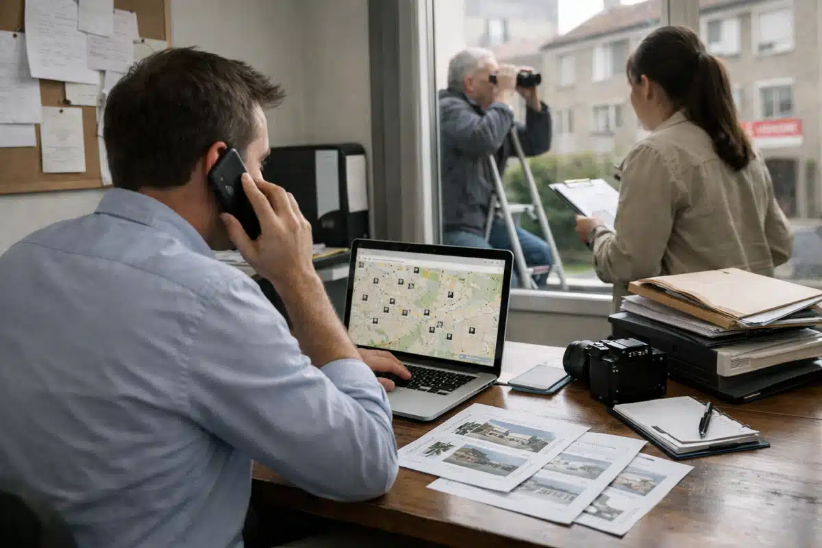 Homme au téléphone au bureau, photographe à l'extérieur