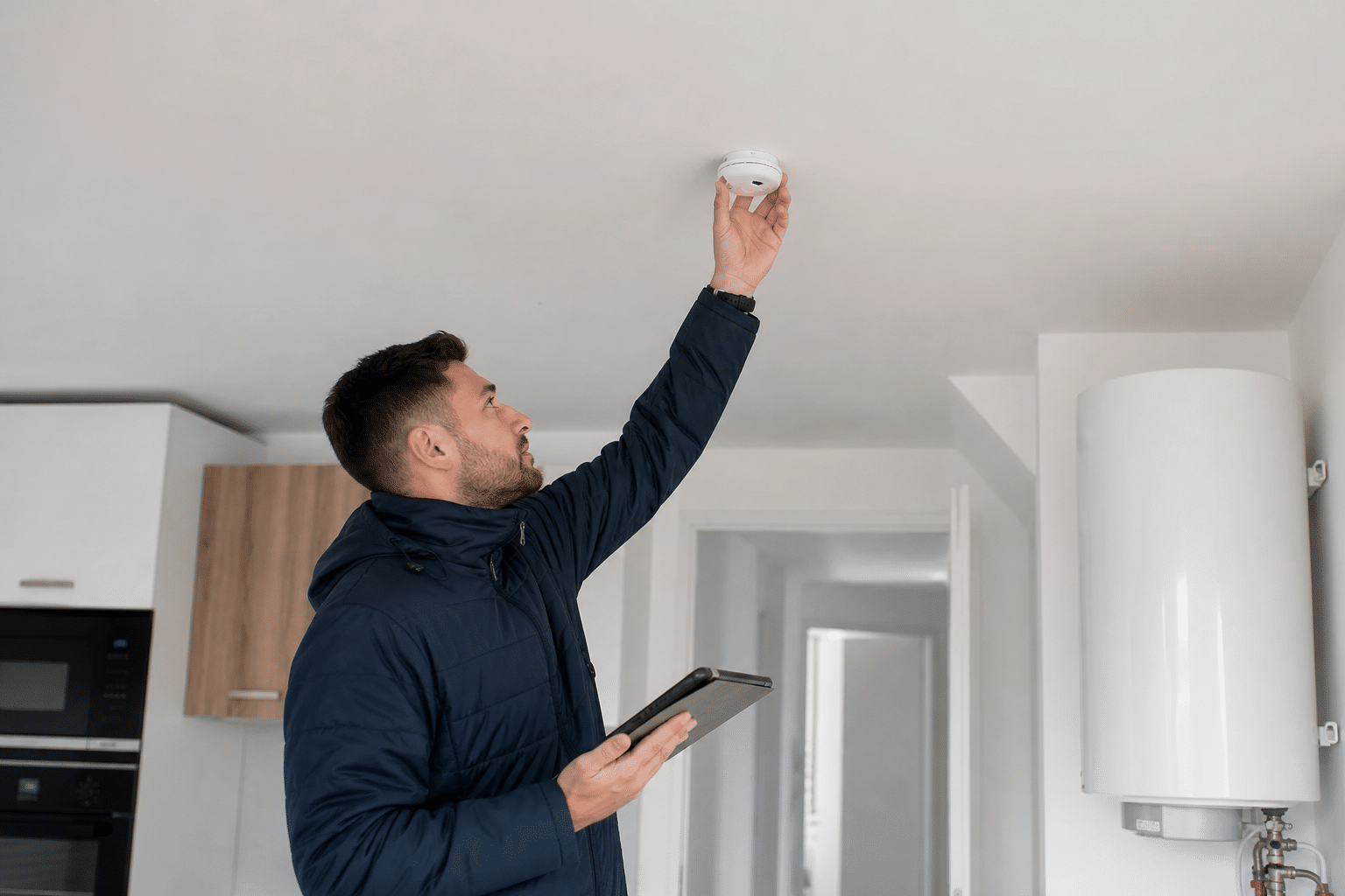 Technicien installe un détecteur de fumée au plafond