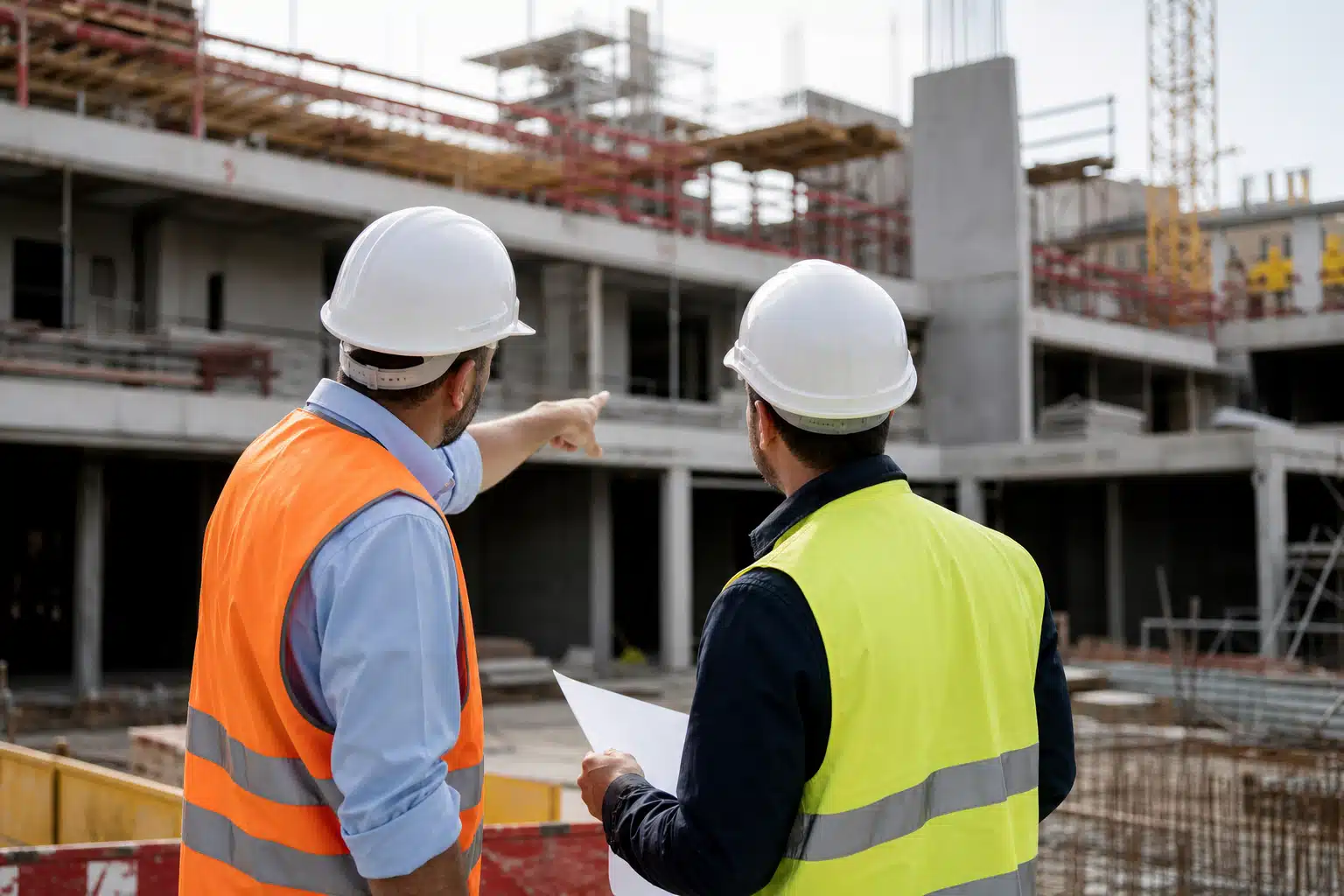 Deux ouvriers en casque discutant sur chantier
