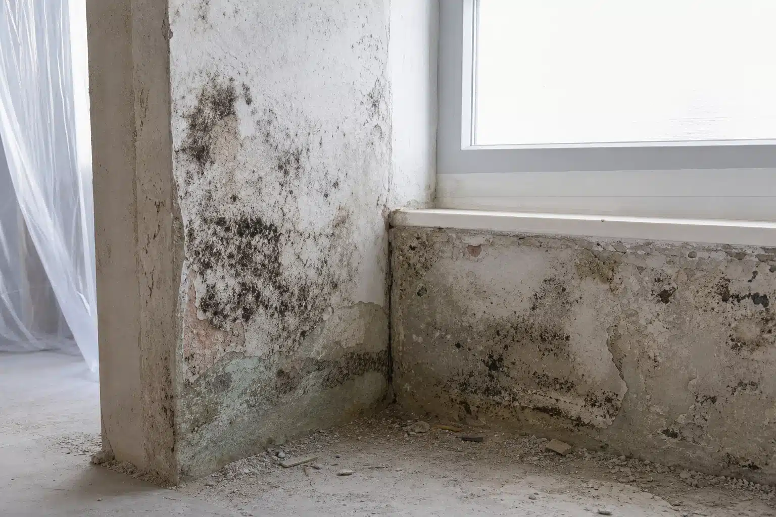 Moisissures noires sur mur et rebord de fenêtre