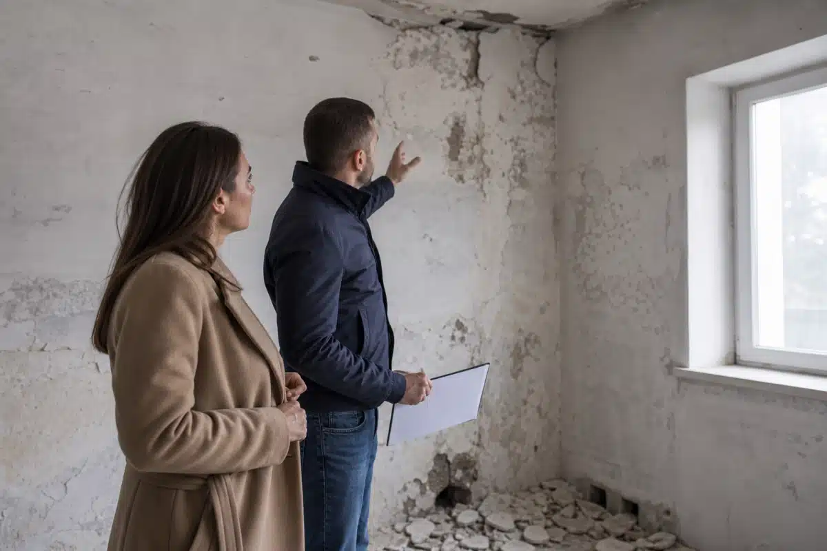 Deux professionnels examinant un mur fissuré et moisissure