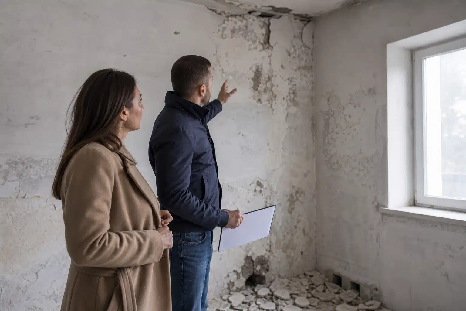 Deux professionnels examinant un mur fissuré et moisissure