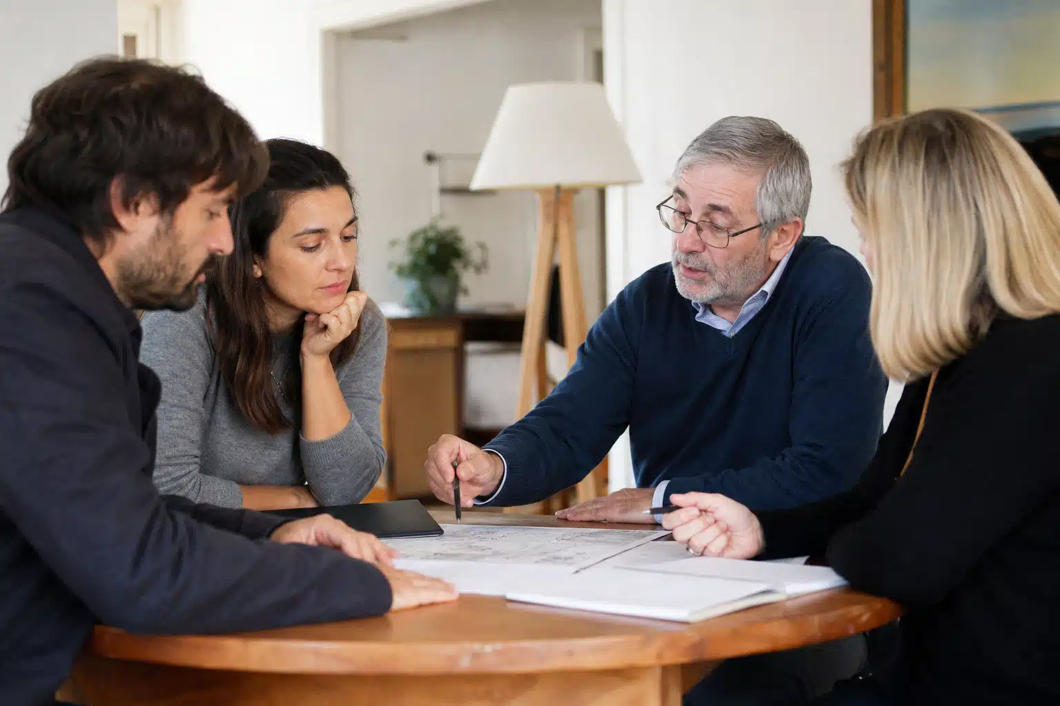 Homme âgé montrant des documents à un couple
